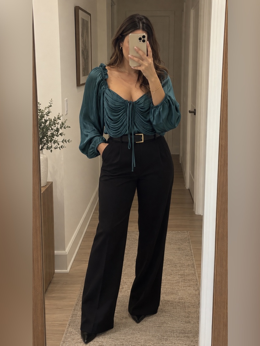 House of Harlow 1960 green Ruched Long-Sleeve Blouse